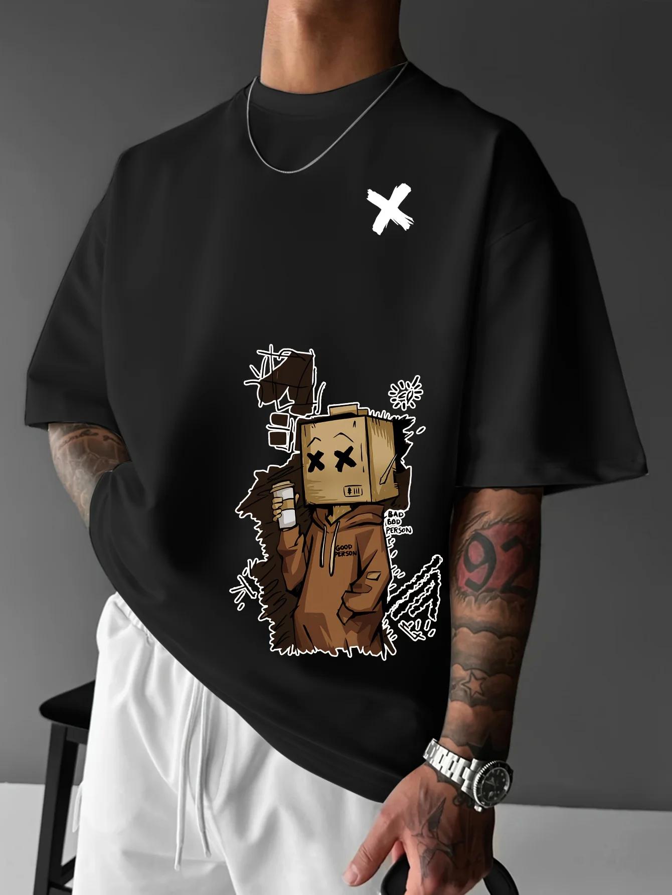 T-shirt col rond pour hommes, mode européenne et américaine, imprimé Graffiti de dessin animé, confo