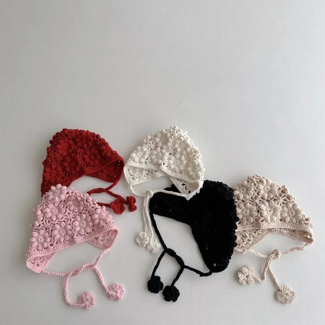 Chapeau tricoté pour bébé fille, bonnet à rabat d'oreille en Crochet fait à la main, mignon ajouré,