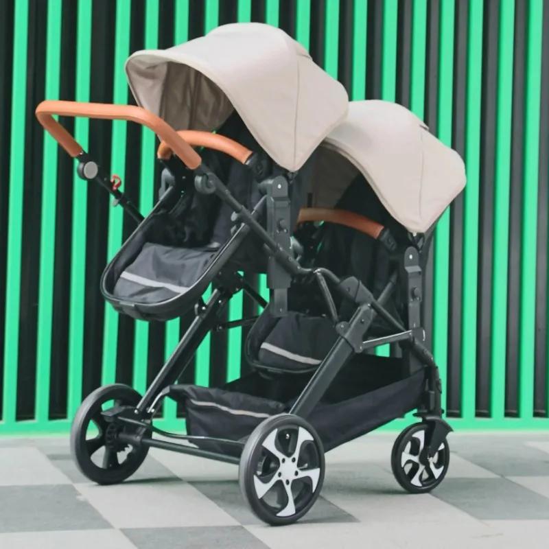 Poussette bébé jumeaux 3 en 1 avec siège auto, landau double pour enfants, panier de couchage détach