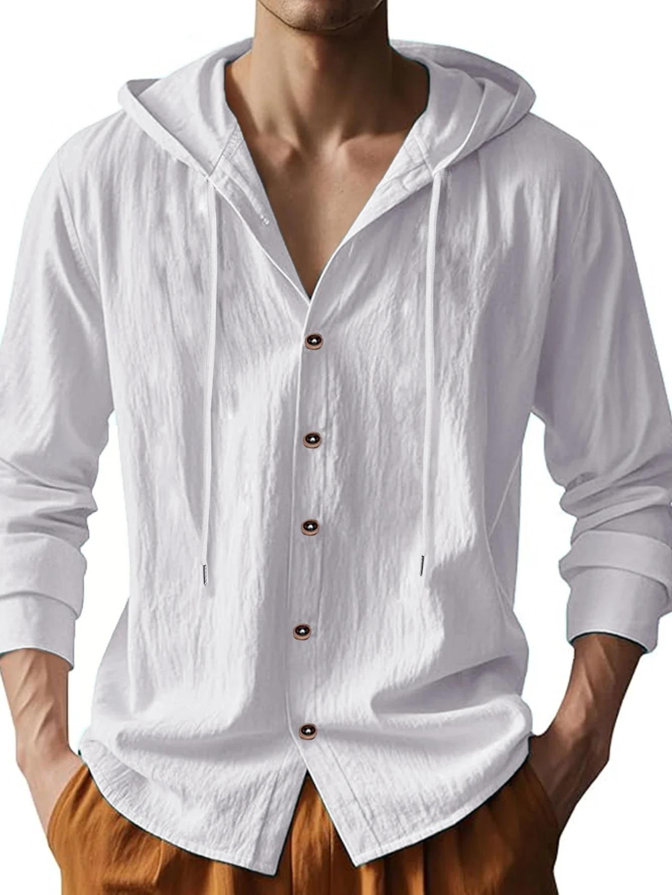 Été offre spéciale plage Style chemises hommes à manches longues avec capuche coton lin couleur unie