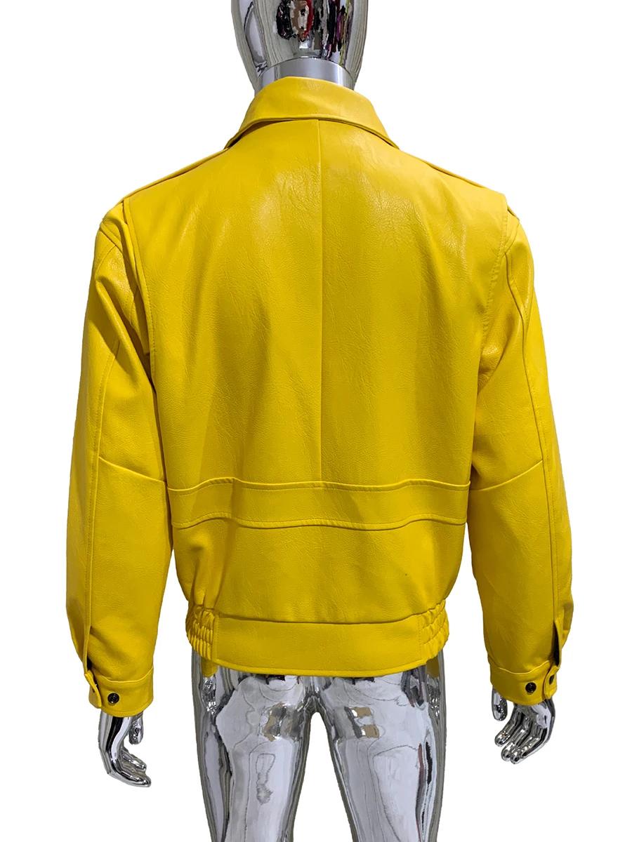 Veste courte en cuir Pu pour hommes, Cool, jaune vif, col rabattu, rouge, luxe, mode européenne, vêt