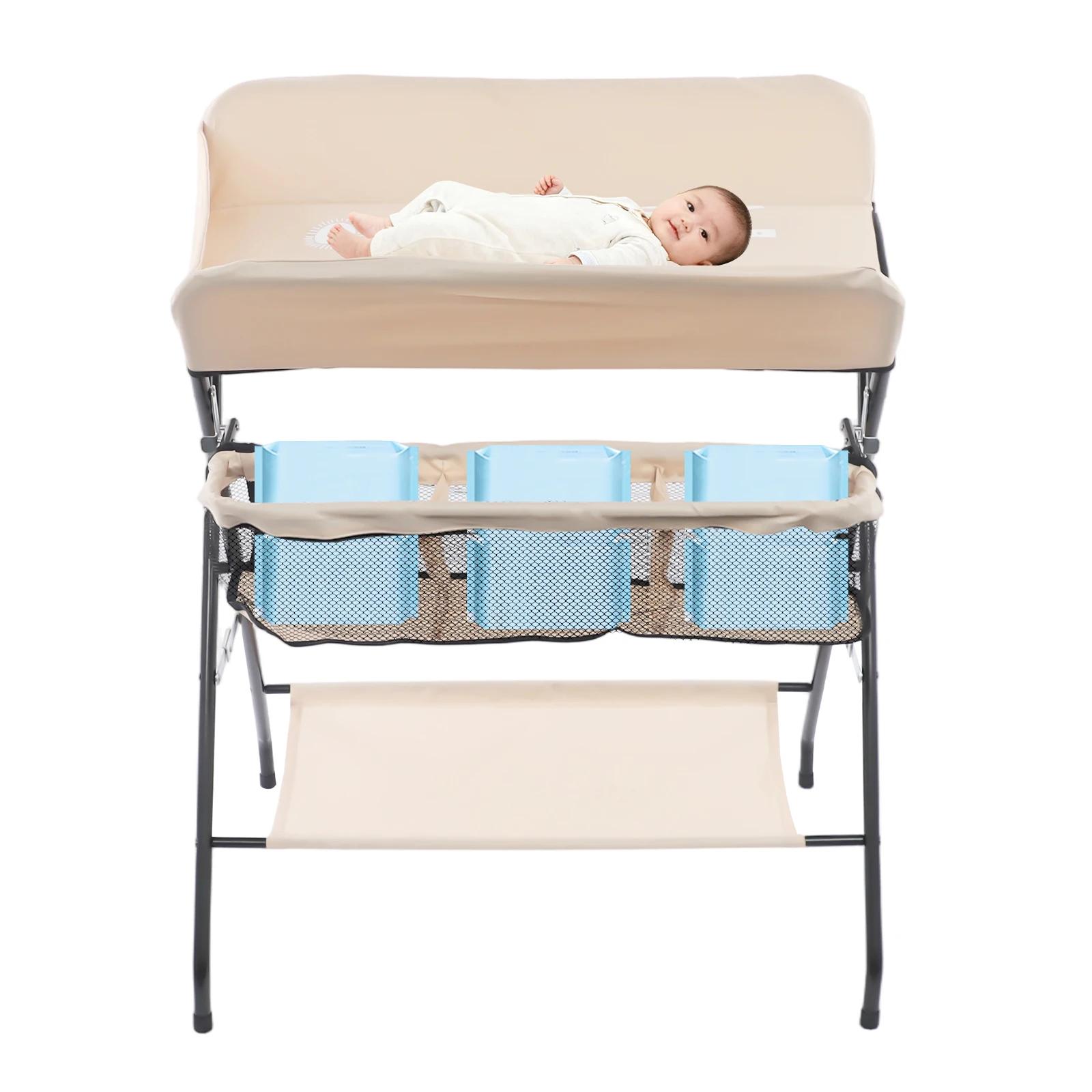 Table à langer pliable pour bébé, capacité de 33 lb, station à couches portable avec panier de range