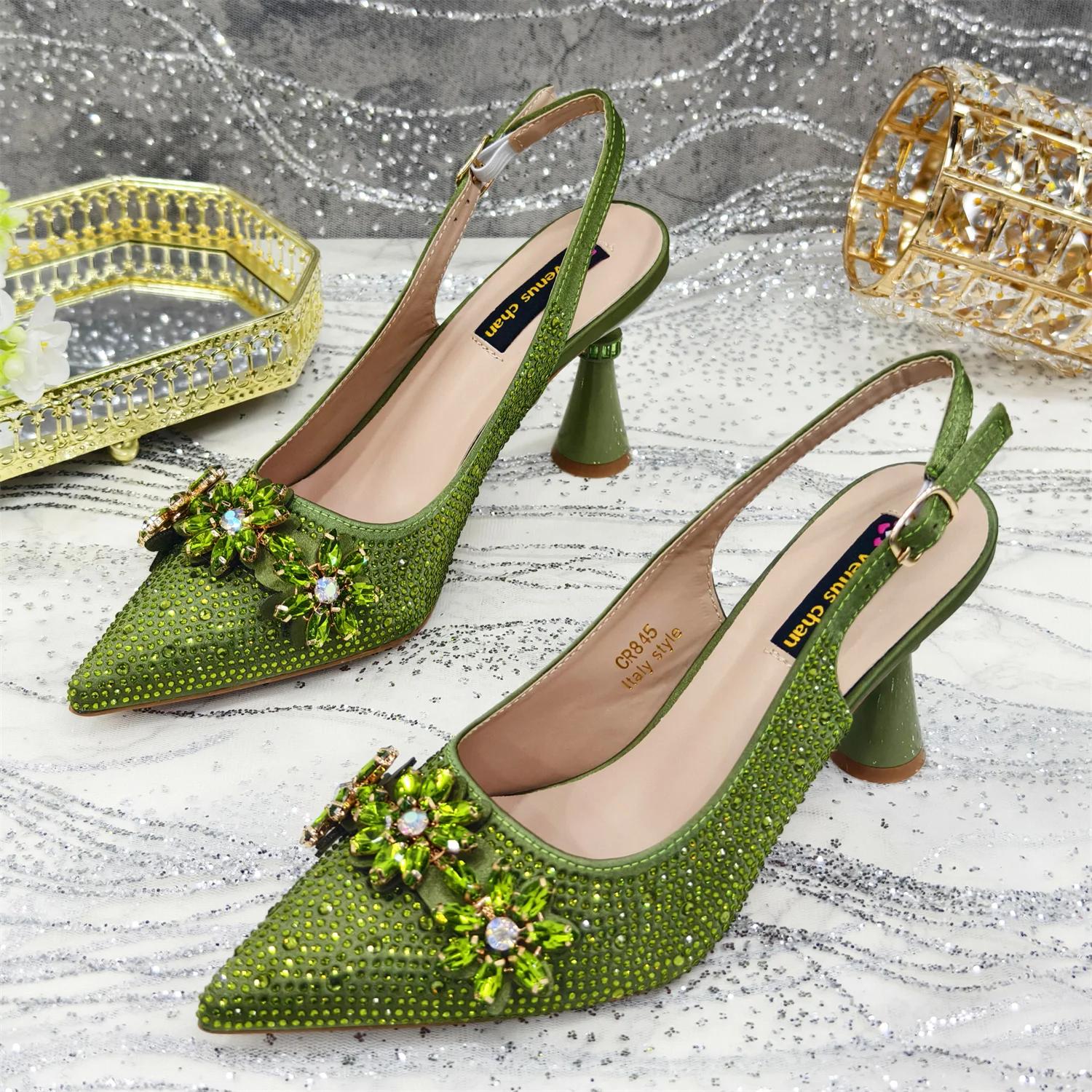 Venus Chan-Sac à main pointu vert olive pour femme, chaussures et sacs à talons hauts, soirée biscui