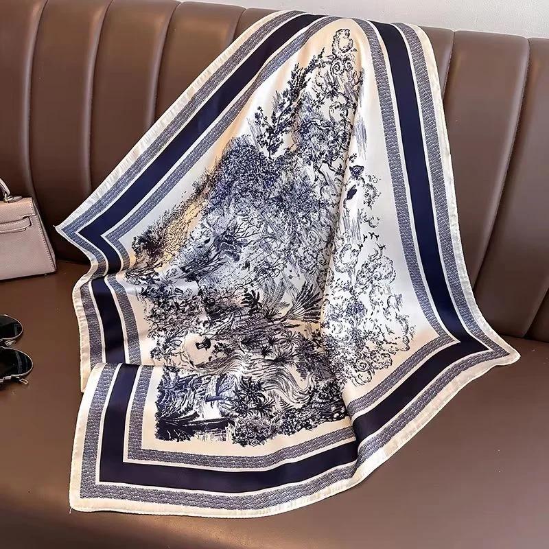 1 pièce Foulard carré 70 cm imprimé végétal pour femme, en soie simulée, élégant et polyvalent, pour