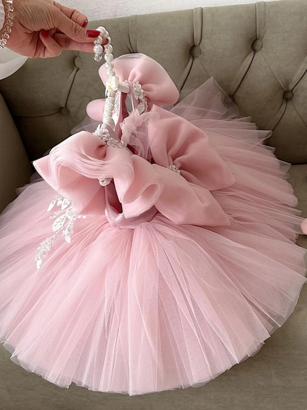 Robe d'anniversaire pour filles, avec des Appliques de perles roses, Mini robe de princesse pour enf