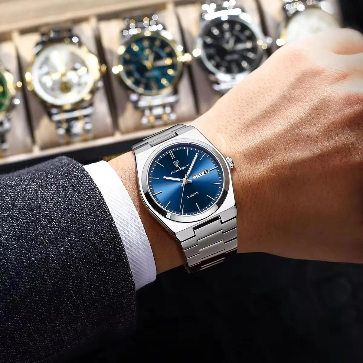 POEDAGAR montres de luxe pour hommes en acier inoxydable étanche lumineux homme montre Date semaine