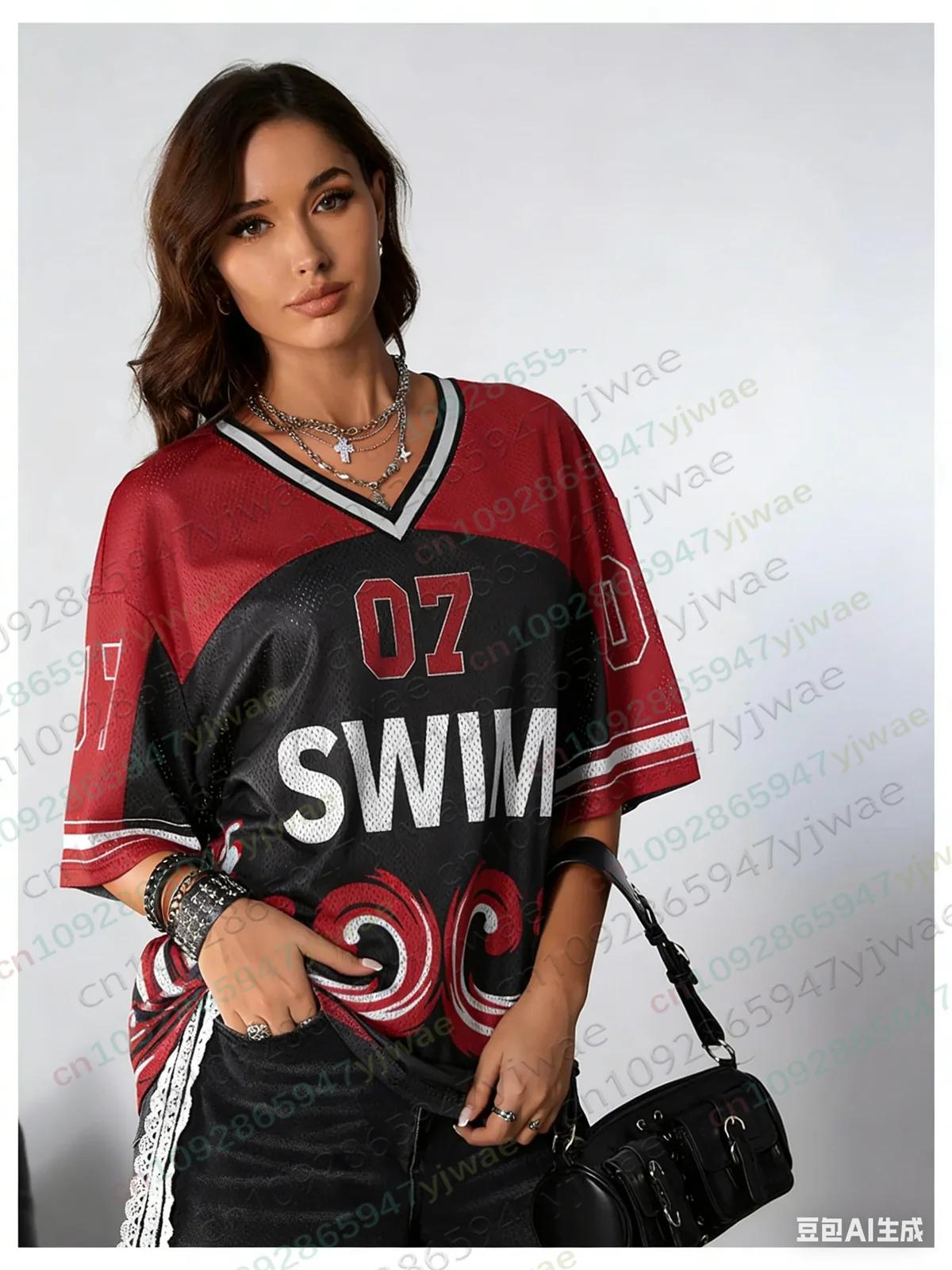 T-shirt unisexe SWIM 2026 – Haut streetwear tendance à col en V, coupe ample, manches courtes – Cade