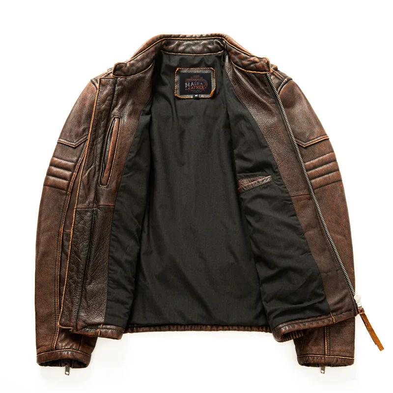 Veste de moto à col montant en cuir de vachette naturel pour hommes, vêtements de motard, marron rét