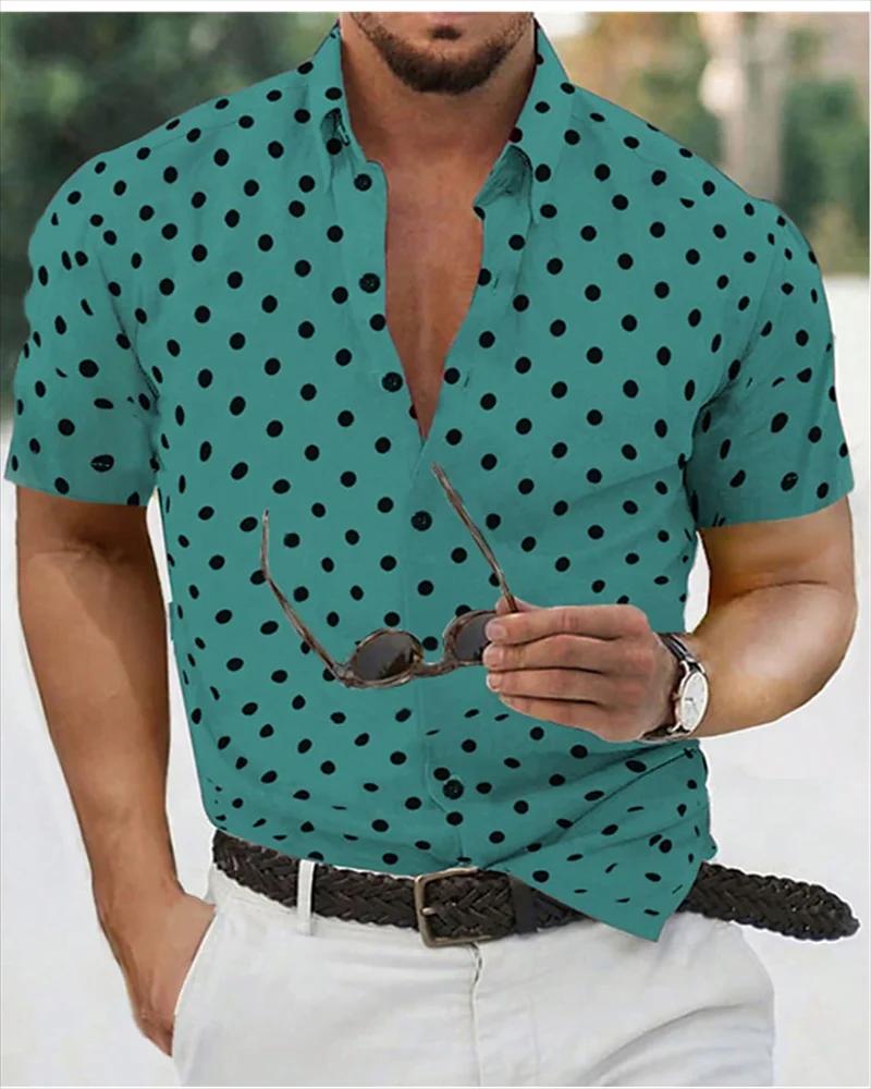 Chemise homme été plage chemise noir et blanc manches courtes à pois revers vêtements de vacances à