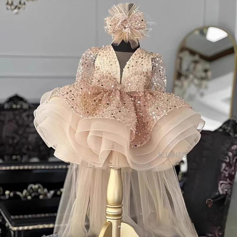 Robe de princesse à manches longues et sequins pour enfants 2026 – Tenue de soirée formelle, idéale