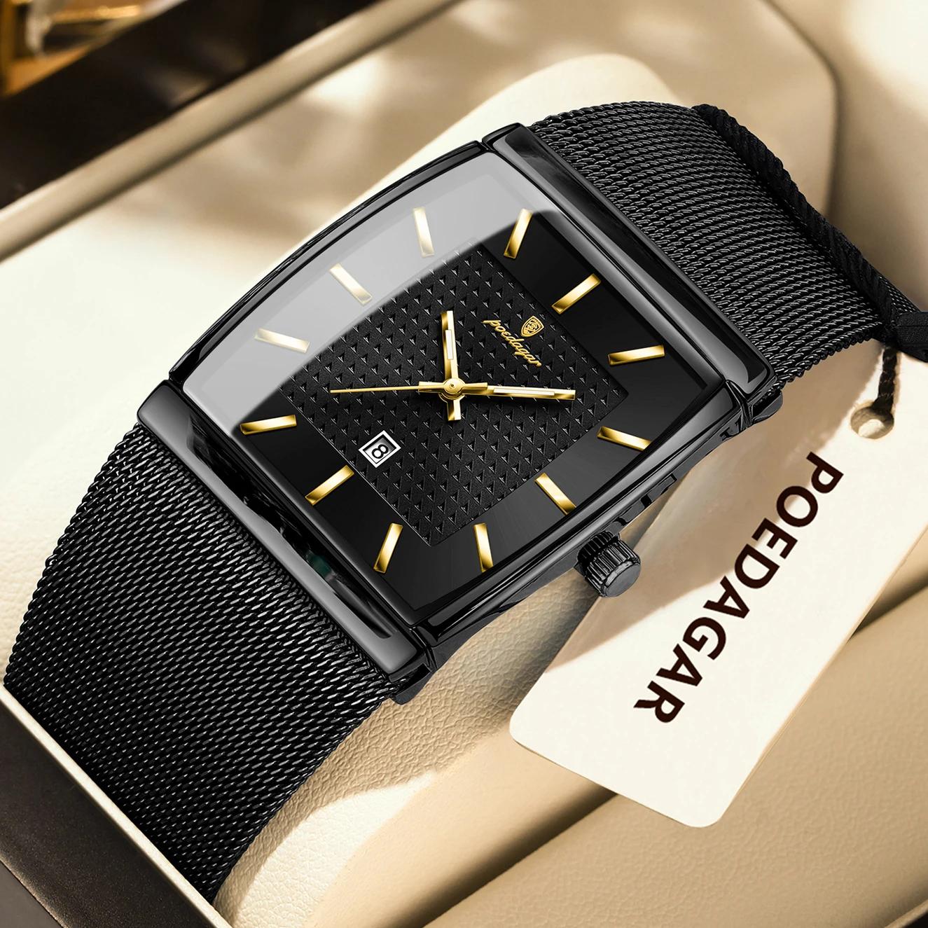 POEDAGAR Top luxe hommes montre-bracelet étanche lumineux en acier inoxydable maille Date homme mont