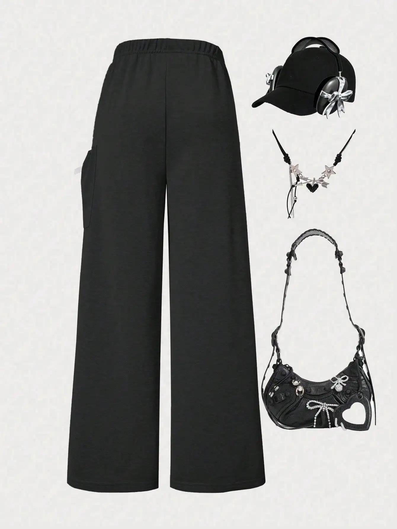 Pantalons décontractés à la mode pour filles, pantalons amples à jambes droites avec un design de po