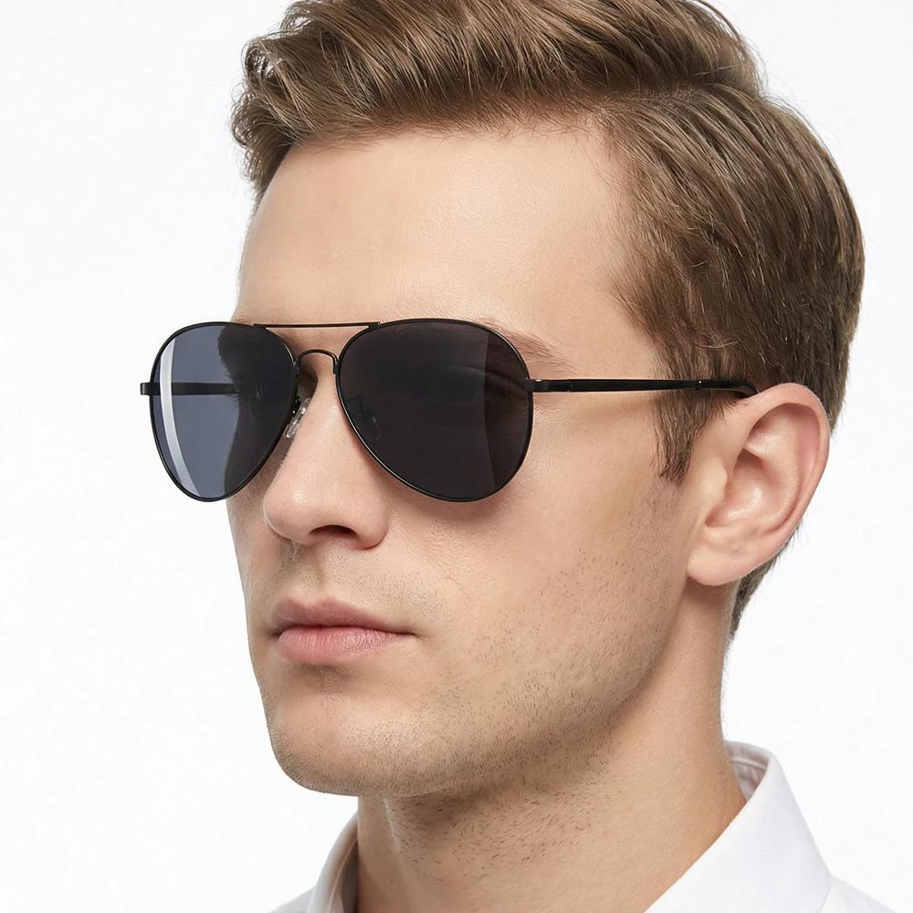 Classique grand pilote lunettes de soleil polarisées hommes de luxe en métal noir Aviation lunettes