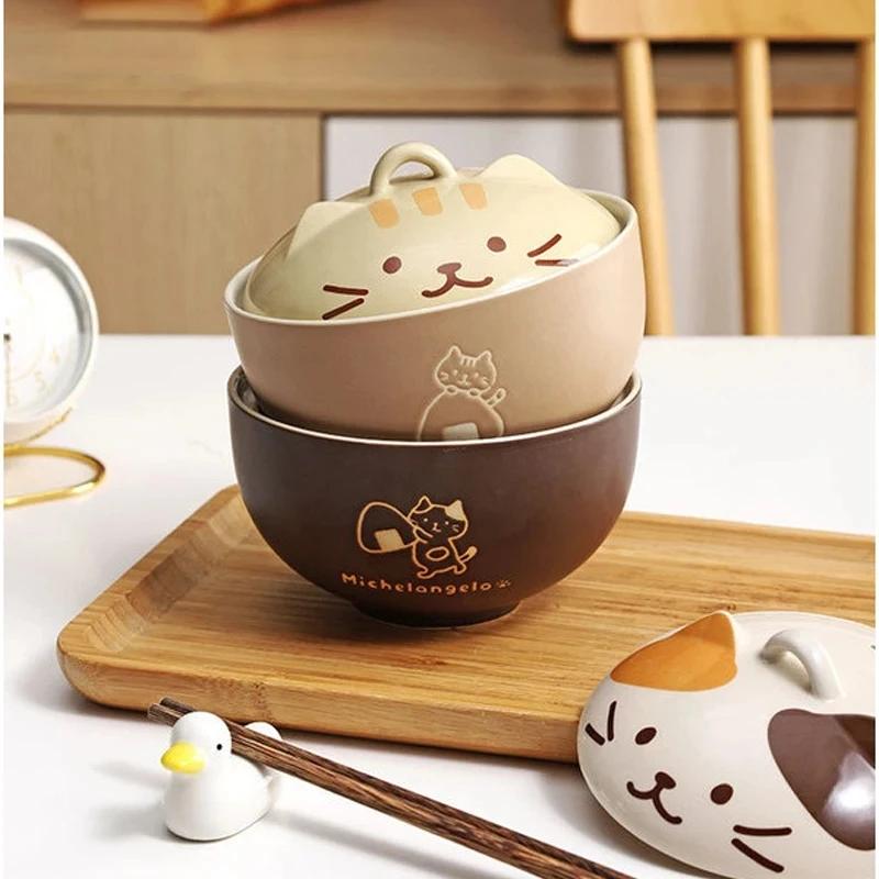 Bol à nouilles instantanées en céramique YWDL 550 ml avec couvercle, motif chat de dessin animé, cou