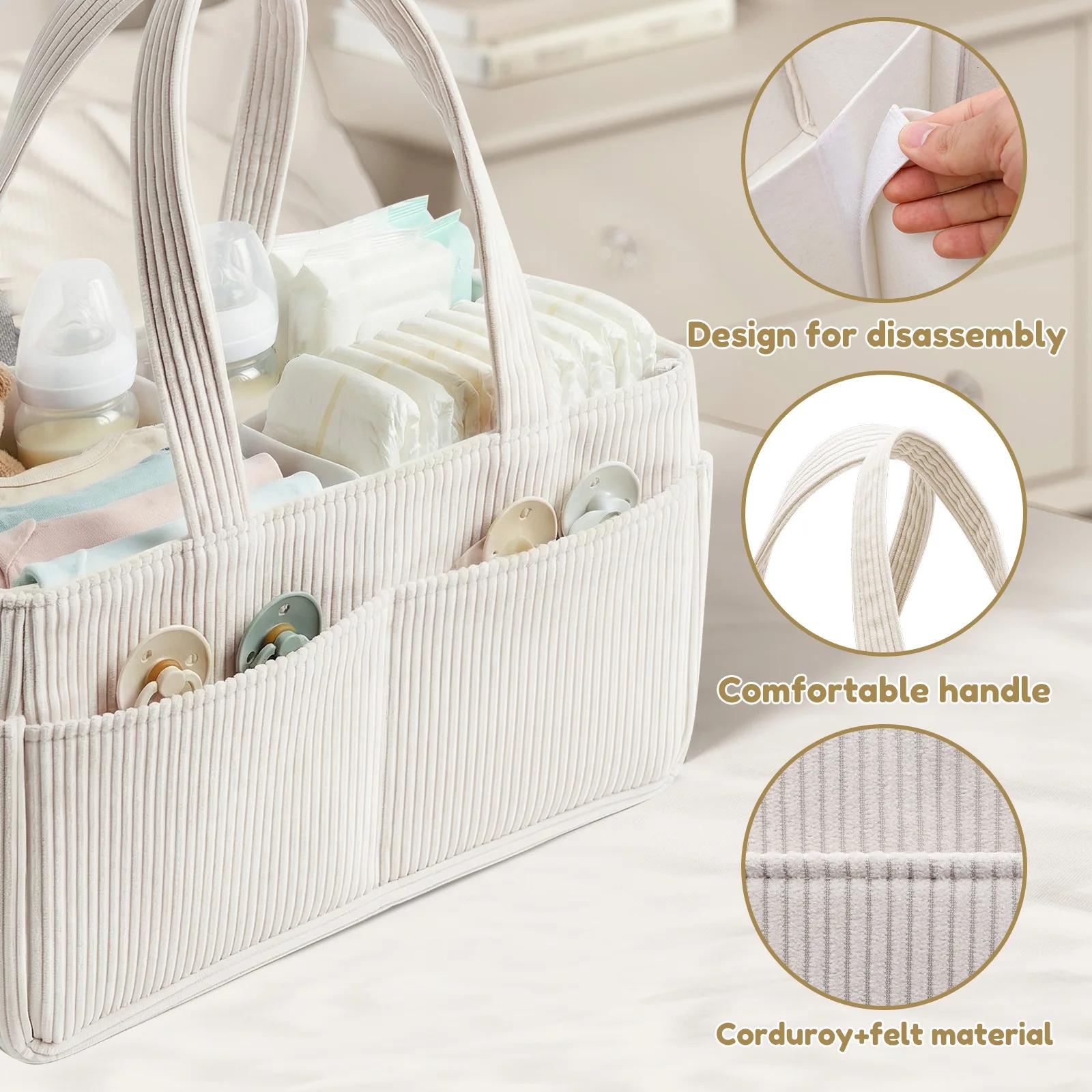 Organisateur de couches pour bébé en velours côtelé, panier de rangement pliable multi-poches avec p
