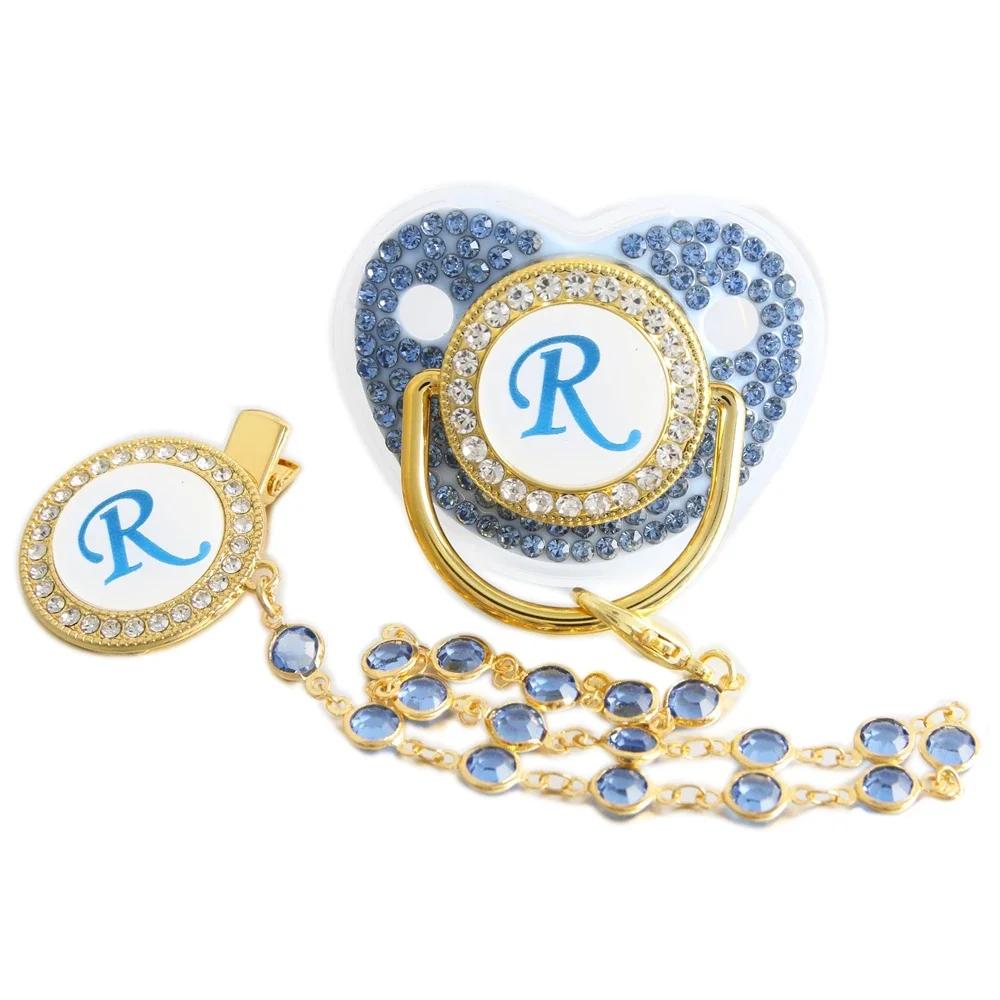 Sucette bleue pour bébé, 26 lettres, avec chaîne de perles, Clip de gemme/jouet de dentition