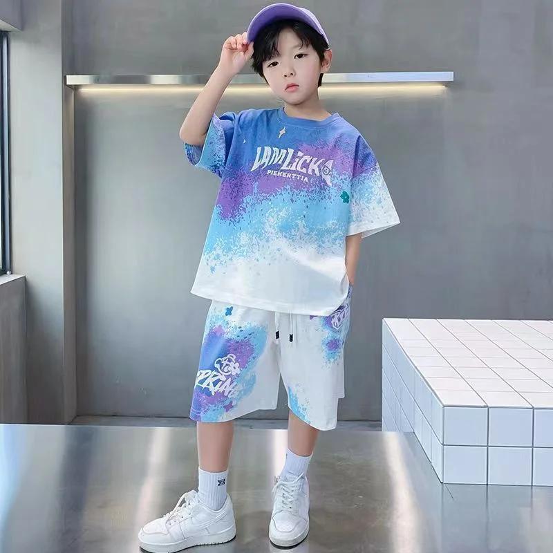 Ensemble ample et décontracté pour garçons, T-shirt + Short dégradé, 2 pièces, vêtements de Sport à