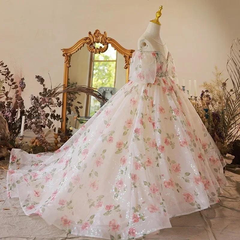 Robes pour enfants pour mariage, robe longue florale pour demoiselle d'honneur, robe de soirée vinta