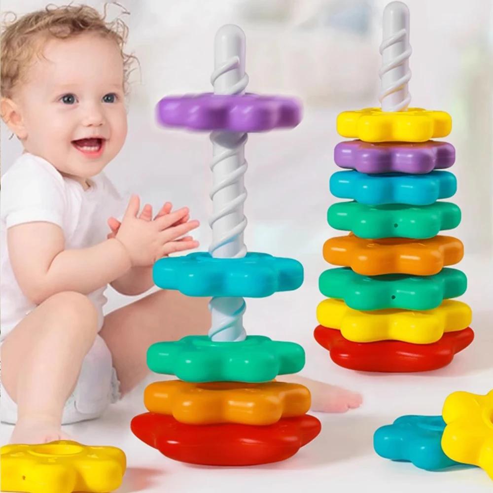 Tour arc-en-ciel rotative pour bébé, Puzzle à empiler Montessori, jouets éducatifs de sécurité pour