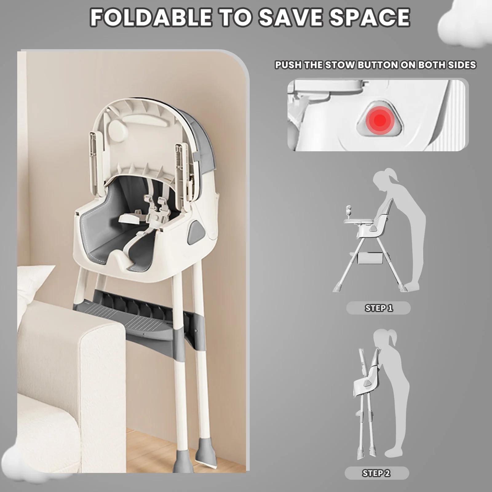 Chaise haute pliable pour bébé de 6 mois plus, avec grand coussin antidérapant et support à jouets,