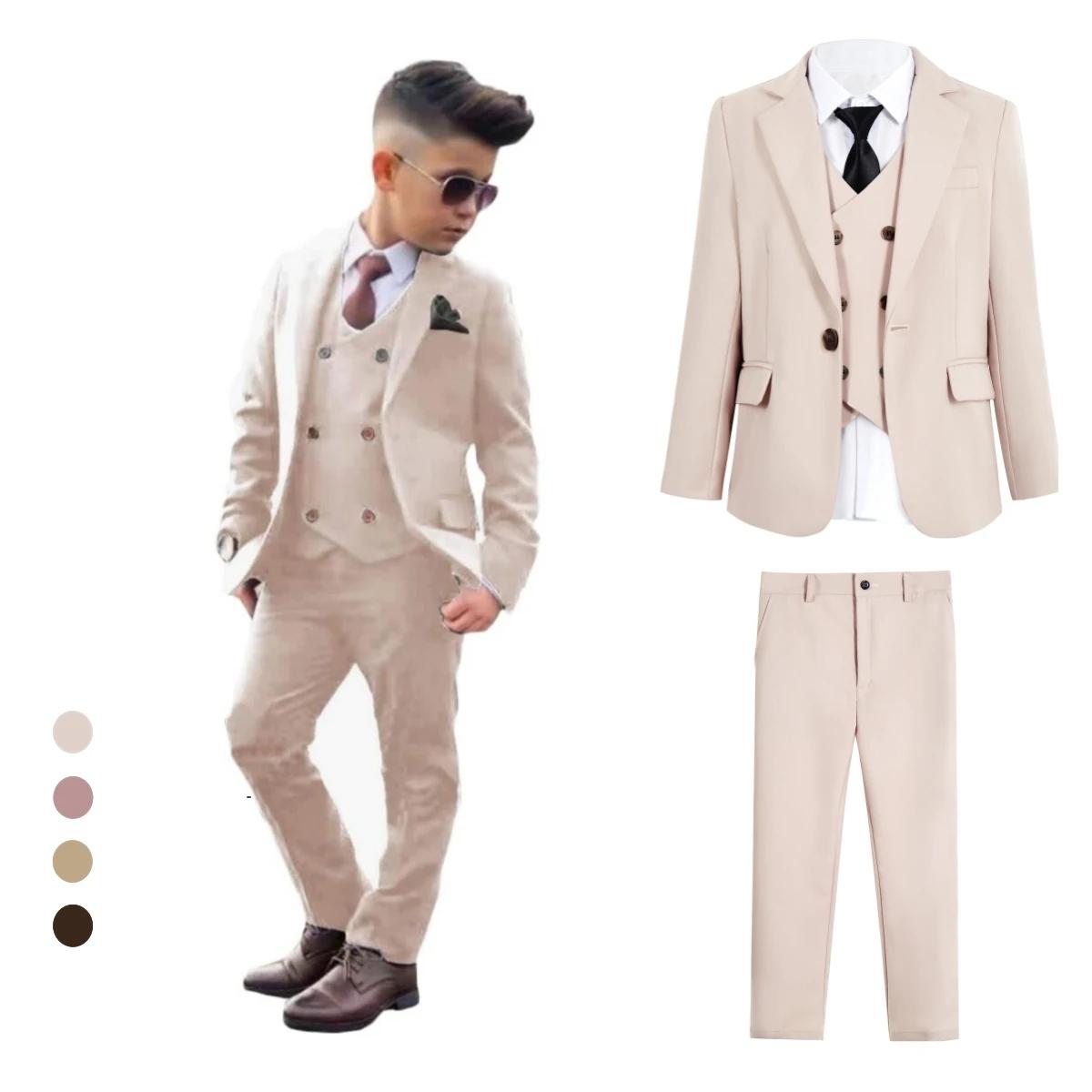 Ensemble de costume 4 pièces solide pour garçon, veste Blazer à bouton unique, gilet, pantalon avec