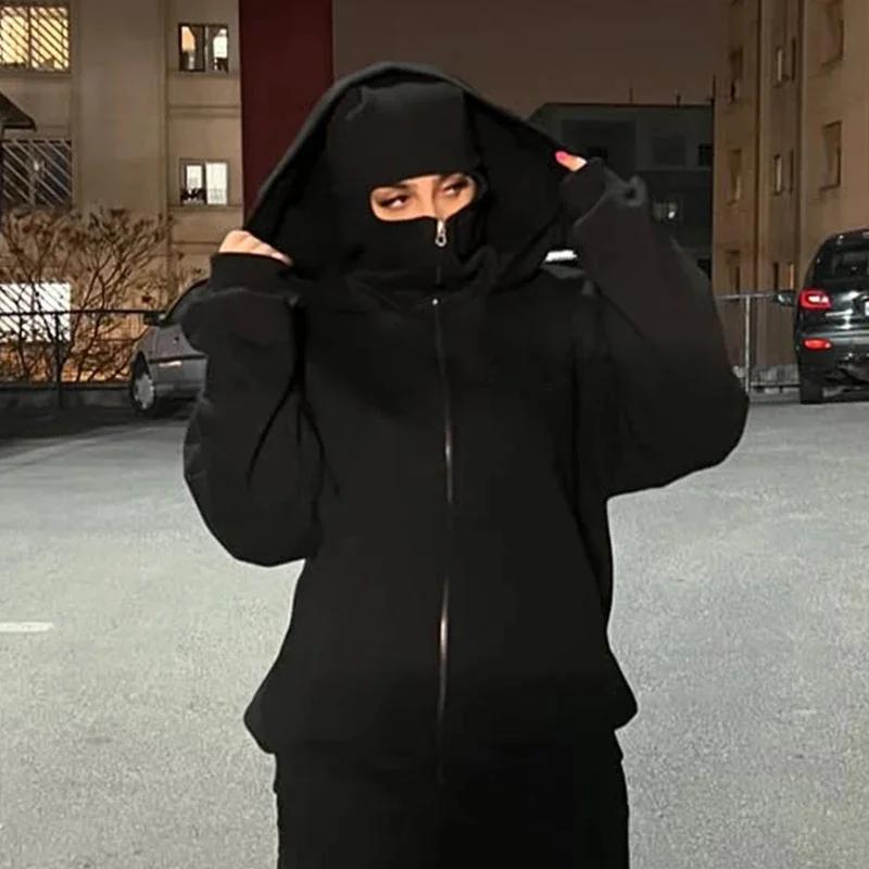 Cagoule à capuche zippée pour homme, sweat-shirt chaud et décontracté, Y2K, avec masque facial à cap