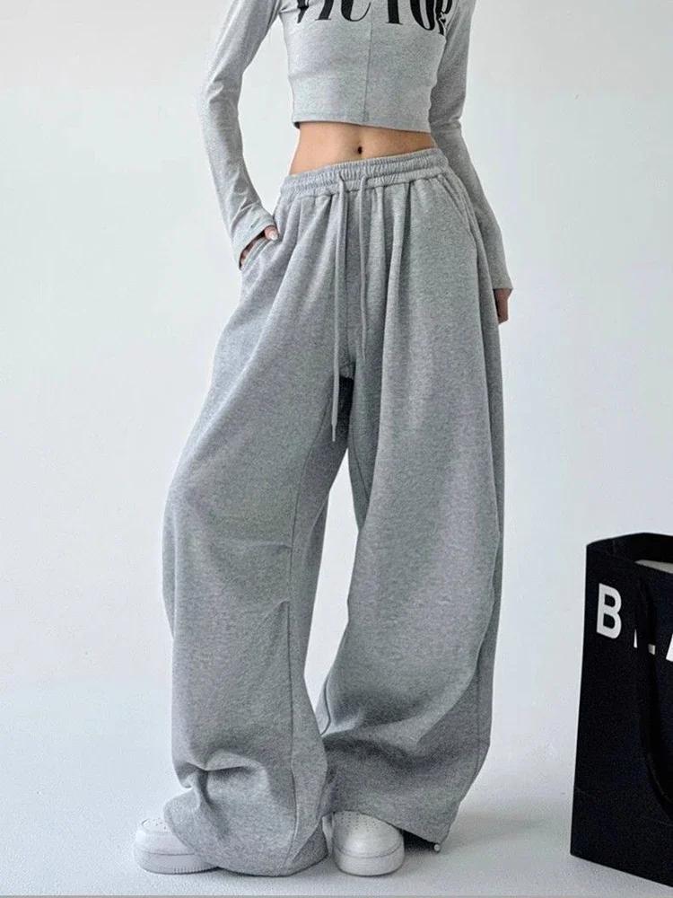 Pantalon de survêtement Y2K Harajuku à jambe large pour femme, streetwear ample et oversize gris, pa