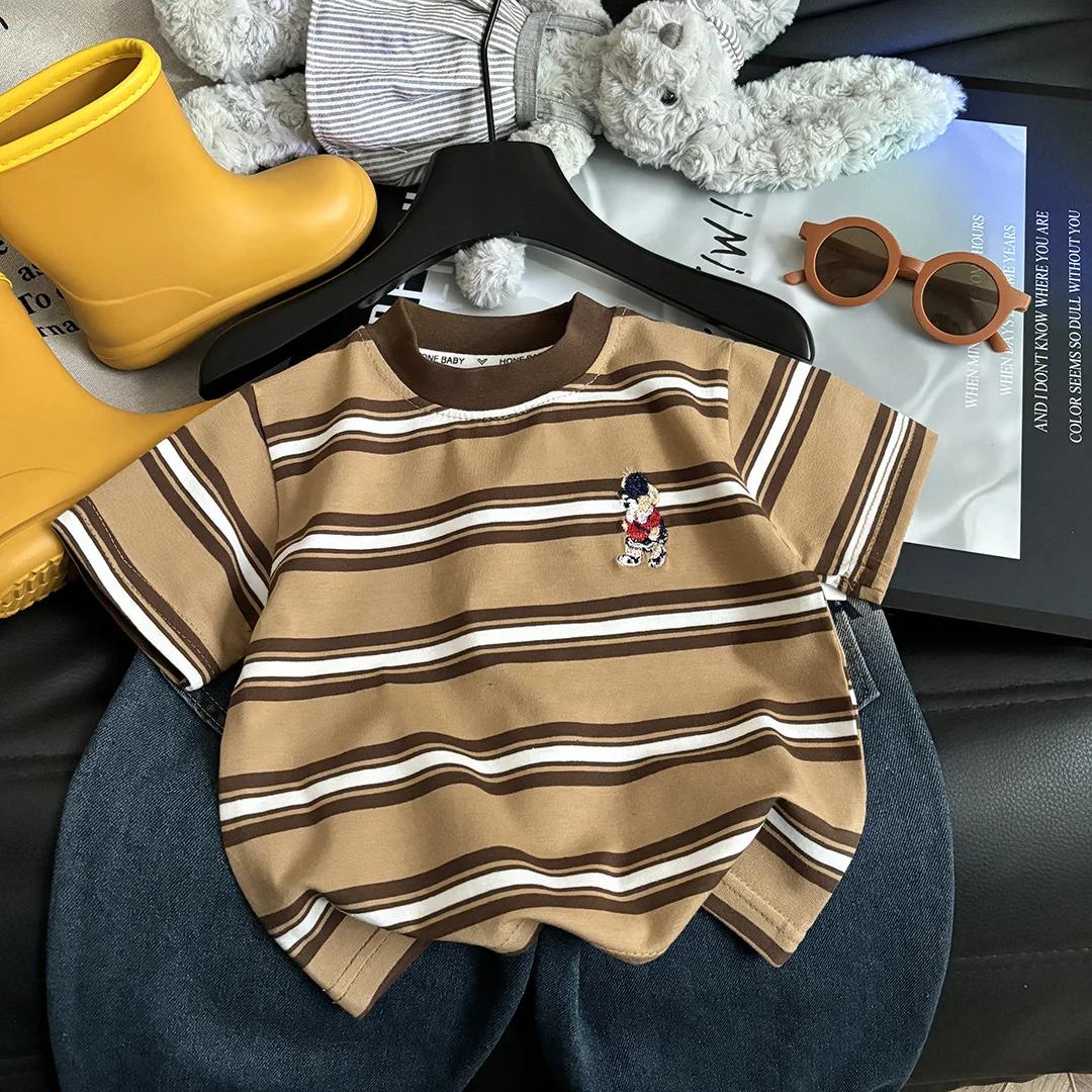 T-shirt d'été à manches courtes en coton pour enfants, à rayures, pour garçons et filles, hauts à la