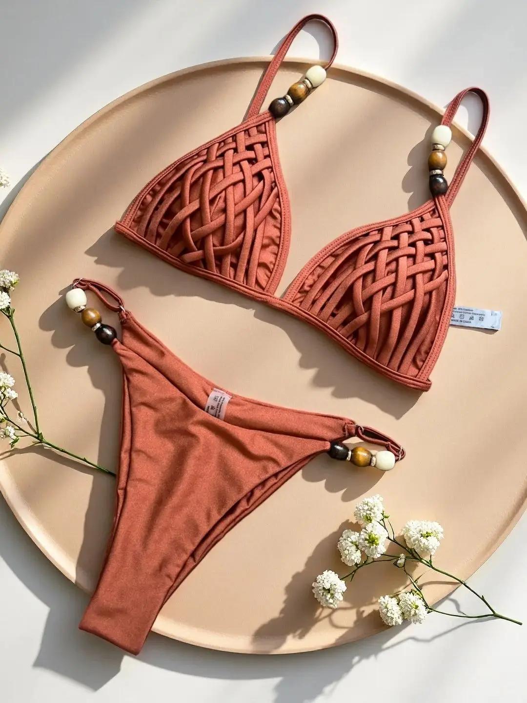 Sexy marron Bikini ensemble 2026 femmes perles sangle trou sur Push Up soutien-gorge string maillot
