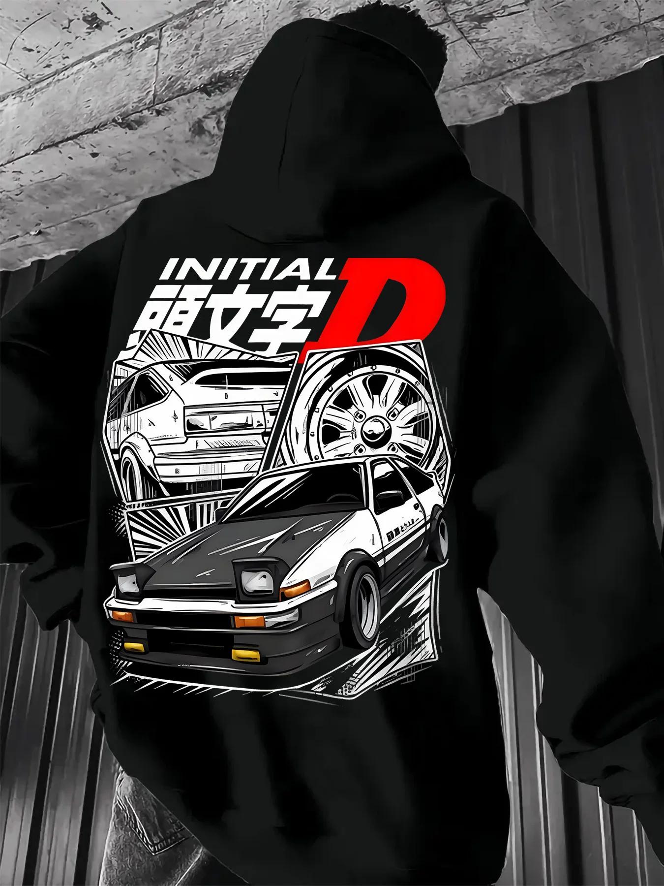 Sweat-shirt à capuche noir avec logo initial D avec illustration de voiture JDM emblématique, pull a