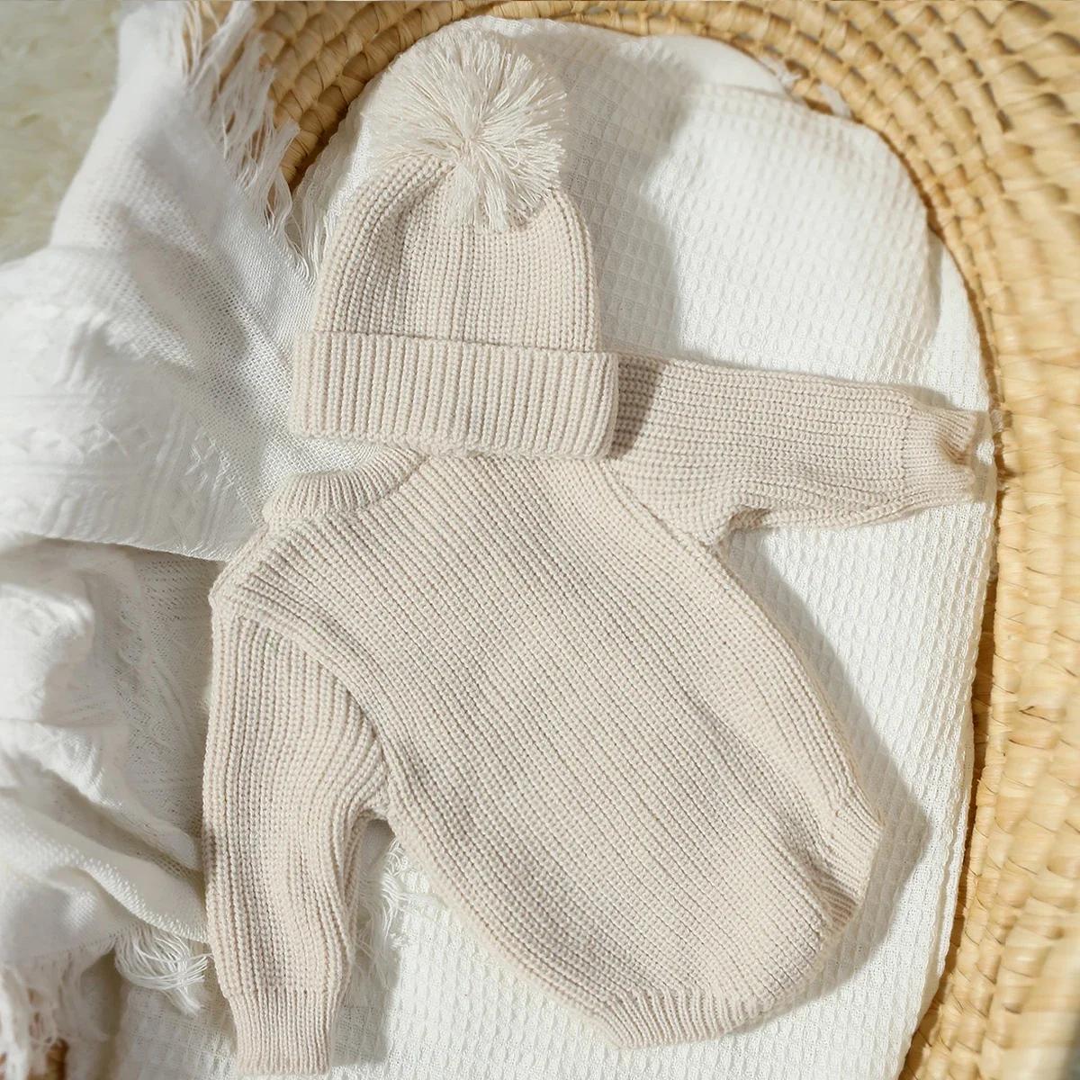 Ylsteed Hello World tricot nouveau-né photographie barboteuse avec chapeau à pompon assorti bébé gar