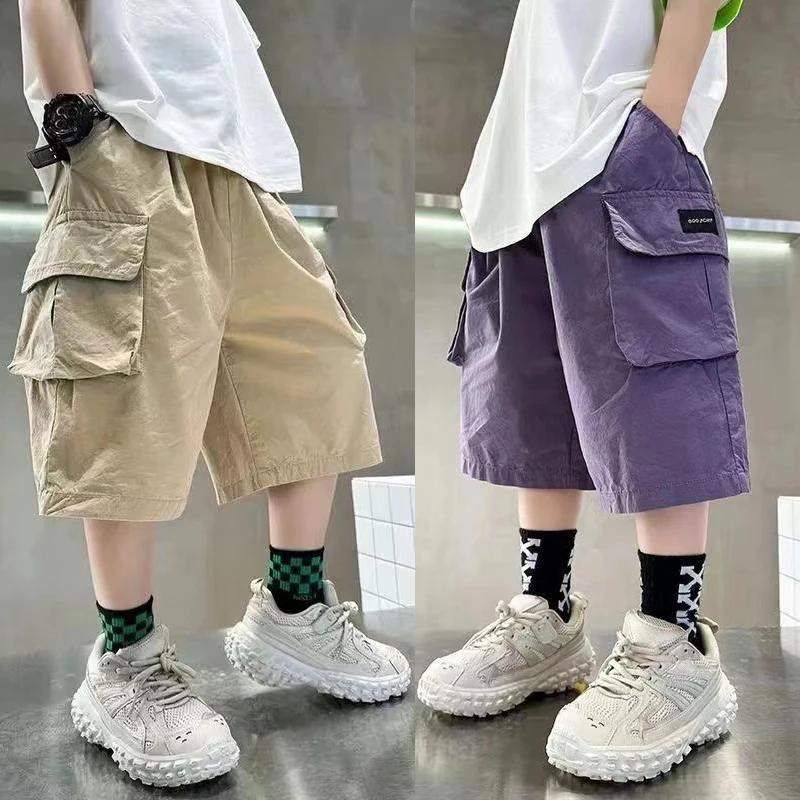 Shorts d'été pour garçons de 3 à 14 ans, nouvelle mode, en coton, avec grandes poches, demi-pantalon
