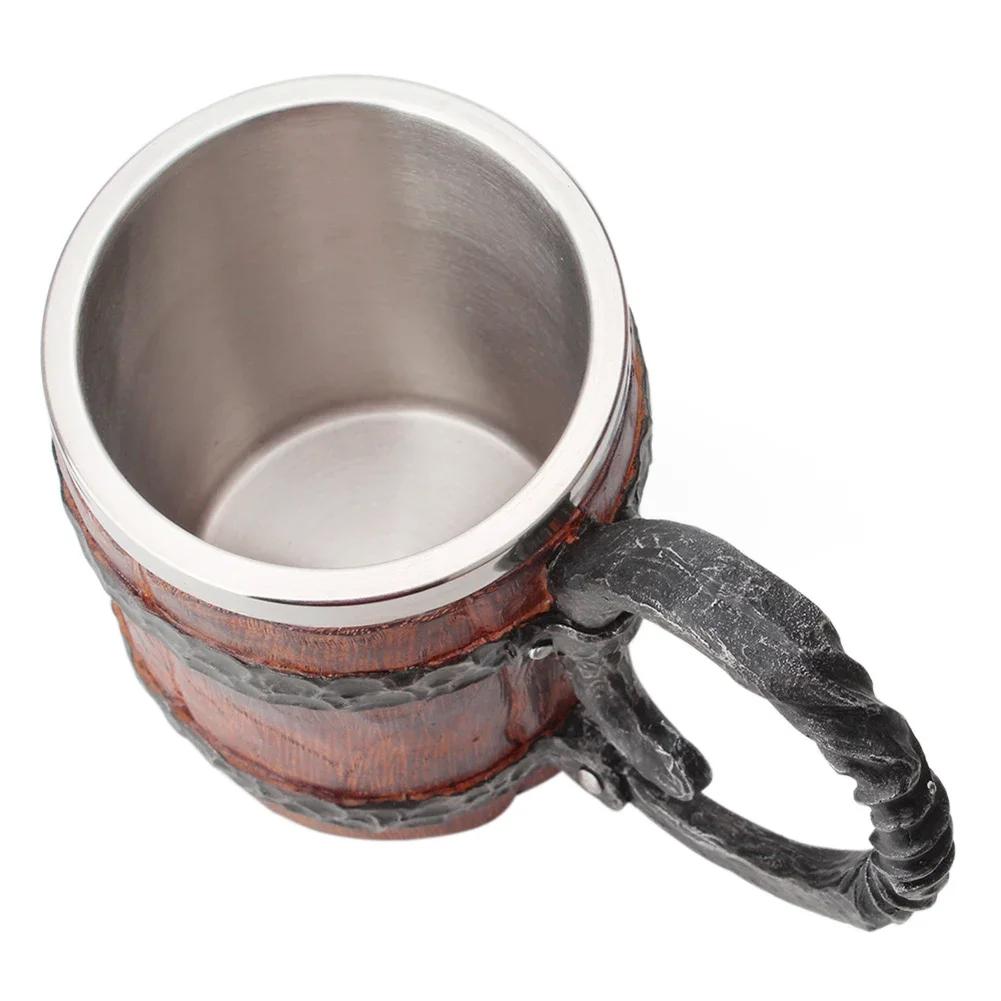 Tasse à Bière en Bois de Style Viking, Simulation de Baril en Bois, à Double Paroi, Isolée en Métal,