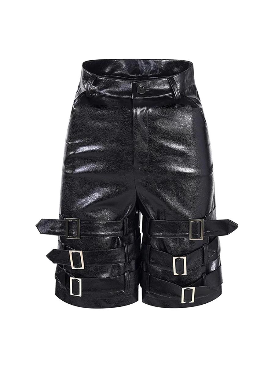 Mauroicardi printemps été noir Pu cuir Shorts pour hommes avec de nombreuses ceintures hommes avec t