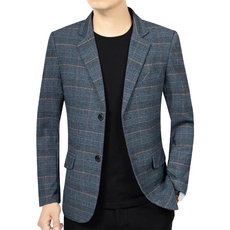 Blazer Homme Automne Tendance Rayé Contraste de Couleurs Veste de Costume Masculine Col Rabattu Manc