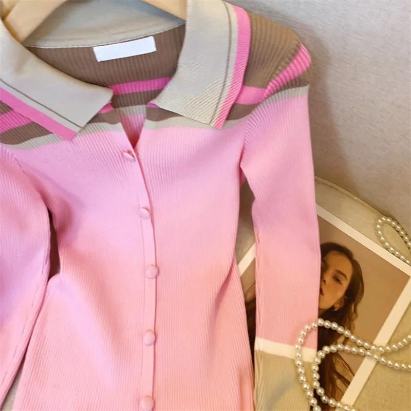  Cardigan ajusté doux en tricot, Style Blazer rose élégant, col contrasté, vêtements de bureau po