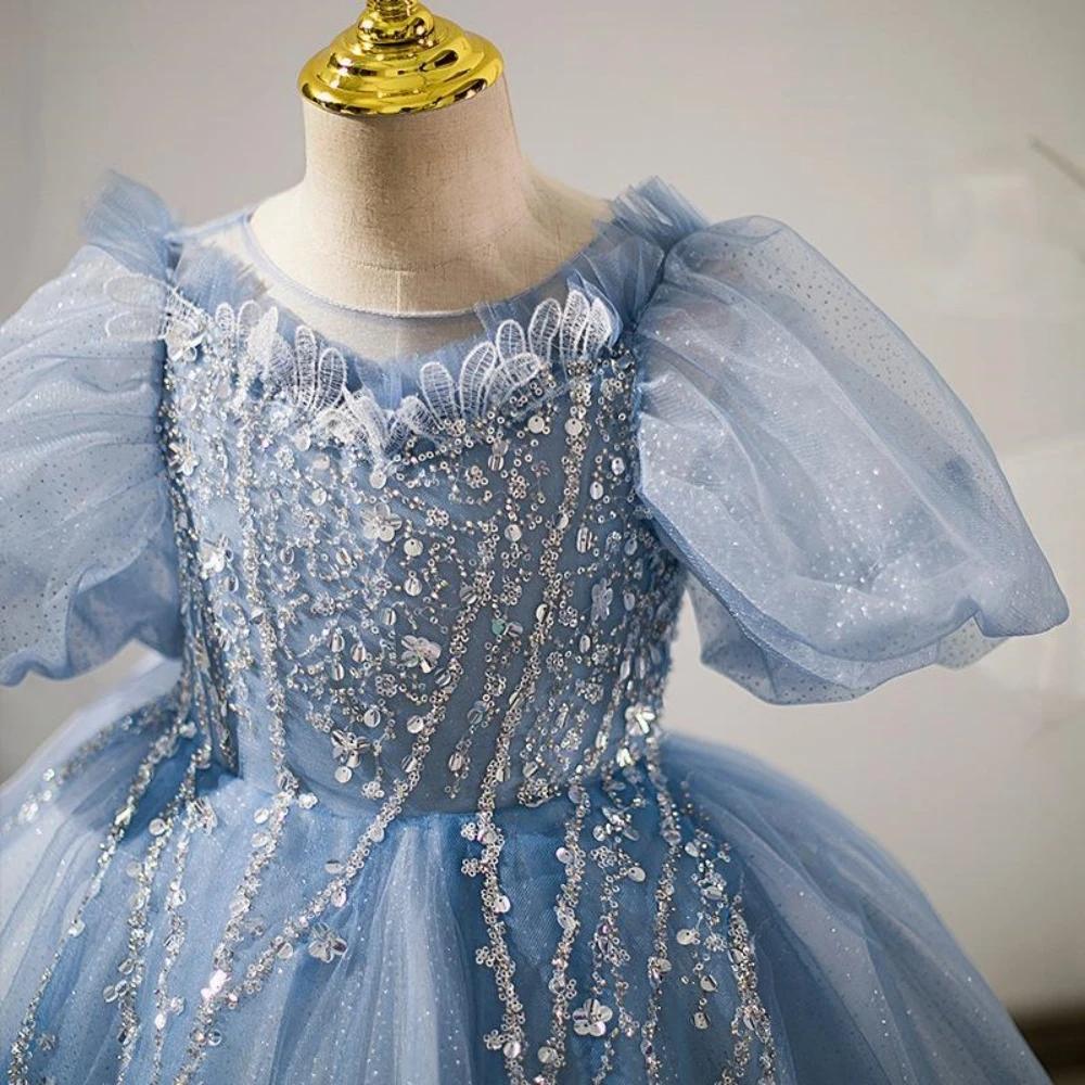 Robes de piano élégantes pour filles, manches bouffantes à paillettes de luxe, défilé pour enfants,