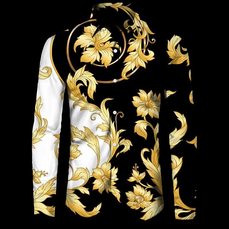 Chemises imprimées à motif de fleurs dorées pour hommes, cardigan décontracté à simple boutonnage, c