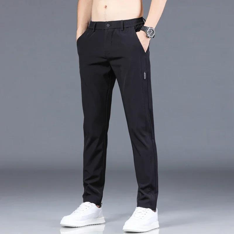 Pantalon fin en soie glacée pour hommes, extensible, décontracté, taille élastique, lisse, vêtements