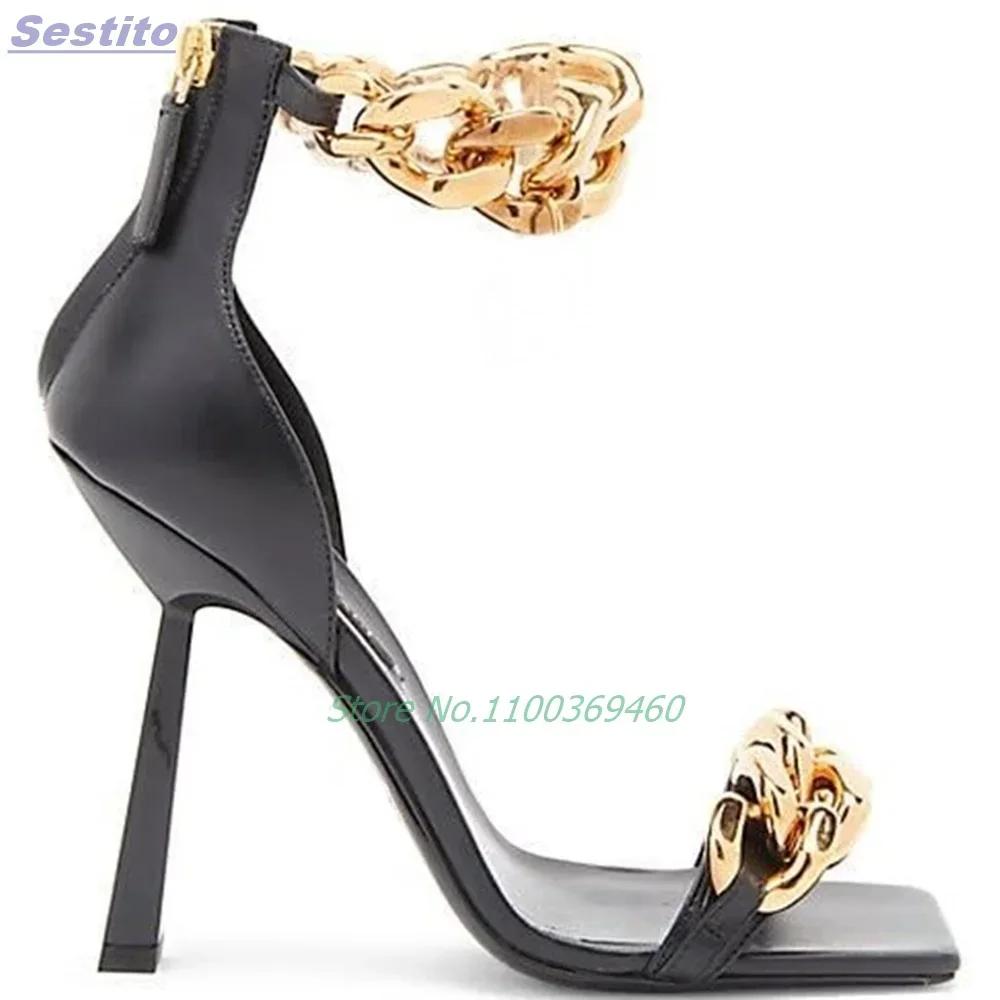 Sandales à talons aiguilles en métal avec chaîne épaisse, bout carré, fermeture éclair arrière, brid