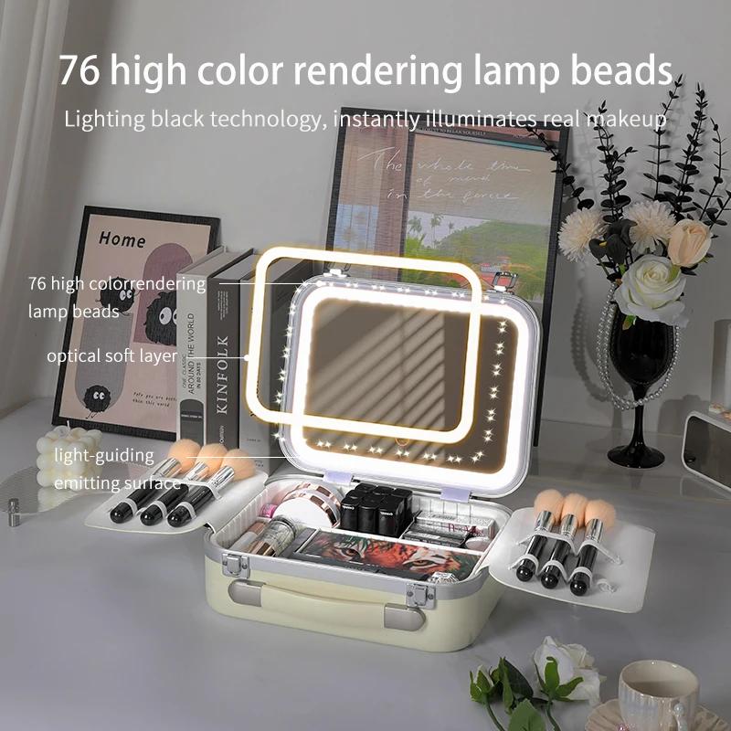 Boîte de rangement de maquillage portable avec lumière LED et miroir – Étui de train cosmétique adap