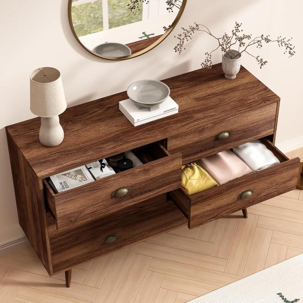 Commode en noyer brun pour chambre à coucher, commode à 6 tiroirs avec larges tiroirs et boutons en