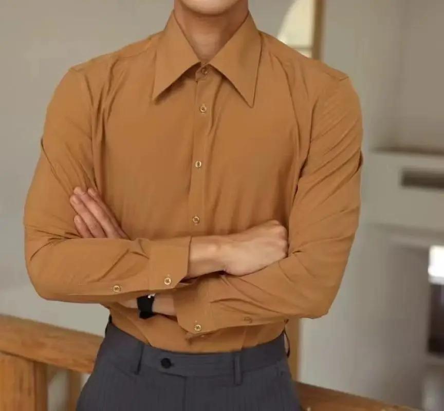 Chemise habillée formelle pour homme, style français, col long, en coton blanc infroissable, avec po