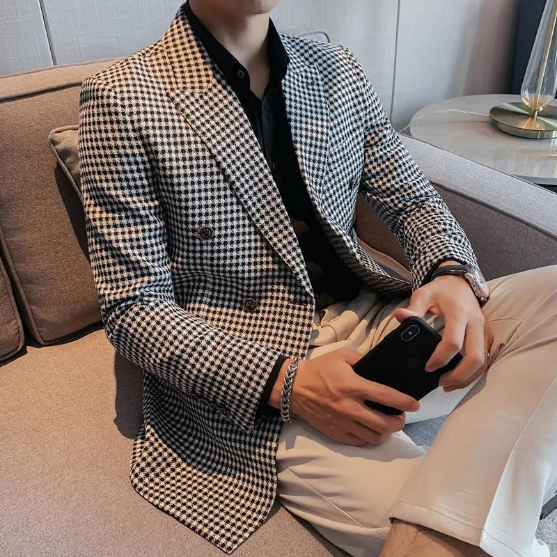Blazer pied-de-poule de Style britannique pour hommes, coupe cintrée, à la mode, Double boutonnage,
