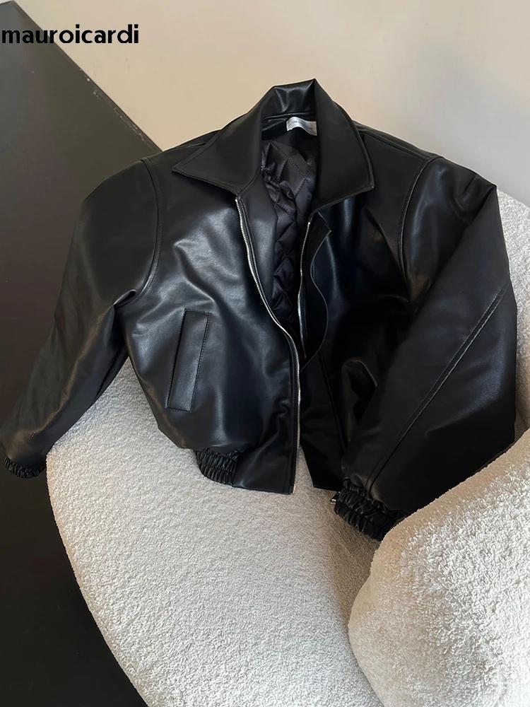 Mauroicardi printemps automne Cool surdimensionné court noir doux Pu veste en cuir hommes fermeture