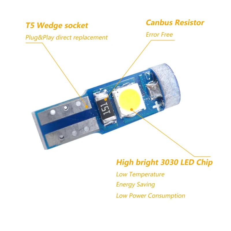 Ampoule Led T5 pour tableau de bord, lampe de voiture, W3w w1.2 w 12v, lumières Canbus chauffantes,