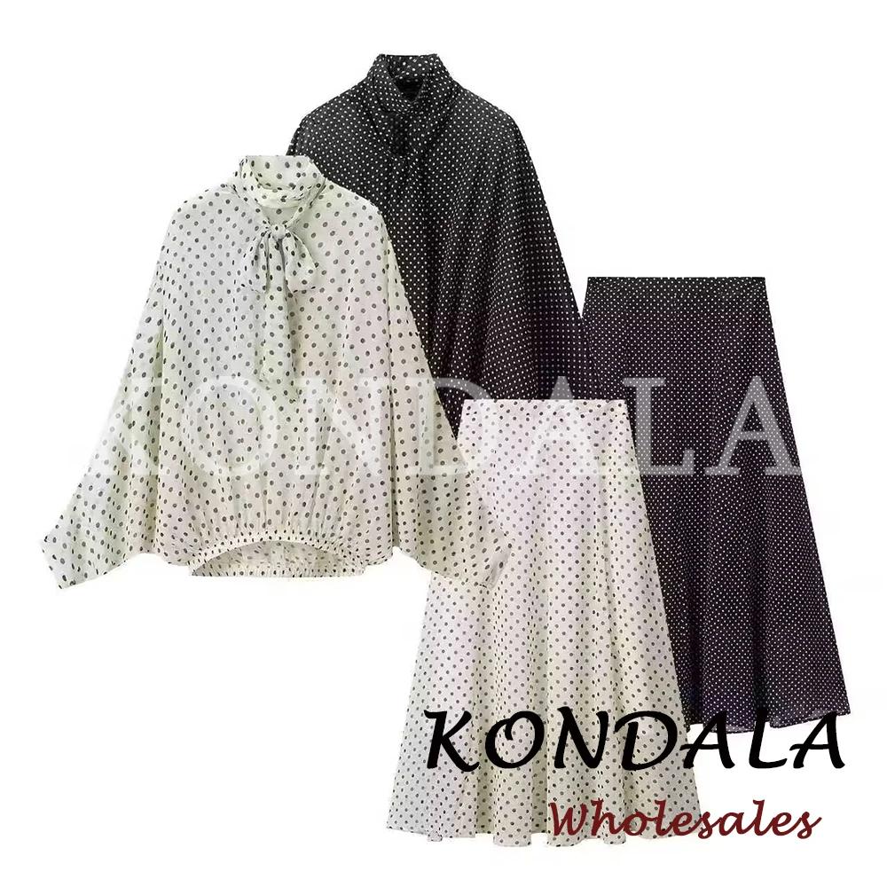 KONDALA Chic Ensemble Décontracté Femme à Pois avec Nœud, Chemise Ample Élégante + Jupe Longue Midi