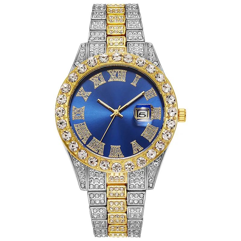 Montre de luxe Hip Hop en acier inoxydable pour hommes, couleur or, calendrier, strass pavés glacés