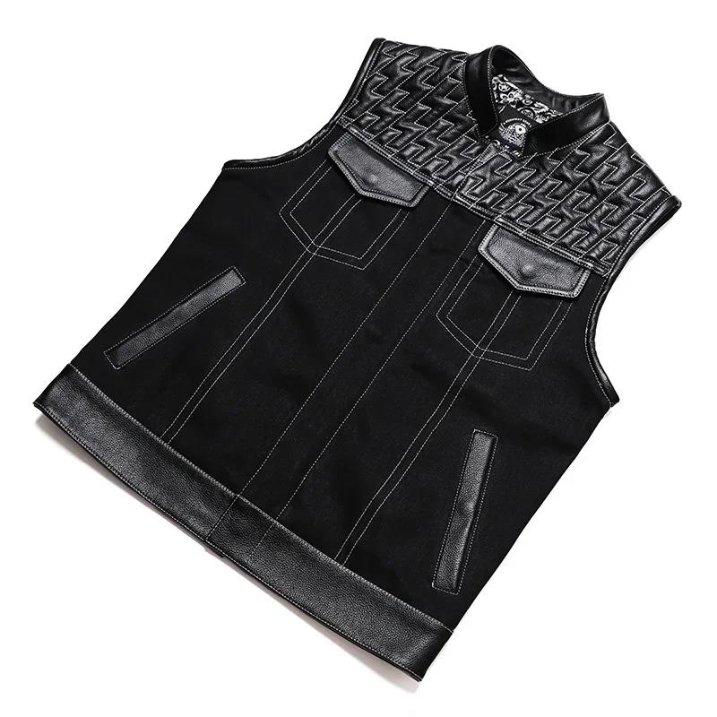 SOA-Gilet de motard en cuir de vachette pour homme, veste en cuir de moto, veste en jean patchwork,