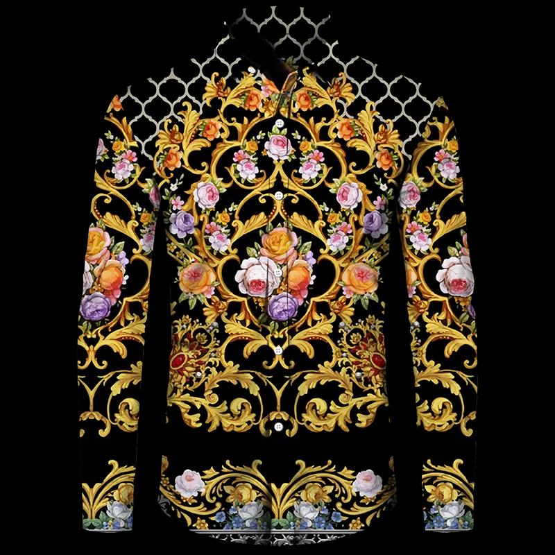Chemises imprimées à motif de fleurs dorées pour hommes, cardigan décontracté à simple boutonnage, c